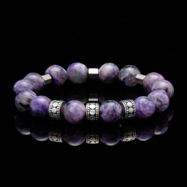 The Third Eye Chakra bracelet is one of the 7 Chakra bracelet. Combined with the charoite stone, this mens silver bracelet stimulates opens and dedication towards loved ones. Wearing a chakra bracelet has many benefits. The mens stainless steel bracelets with charoite stone can re-energize clarity and increase stamina with the chakra stones.