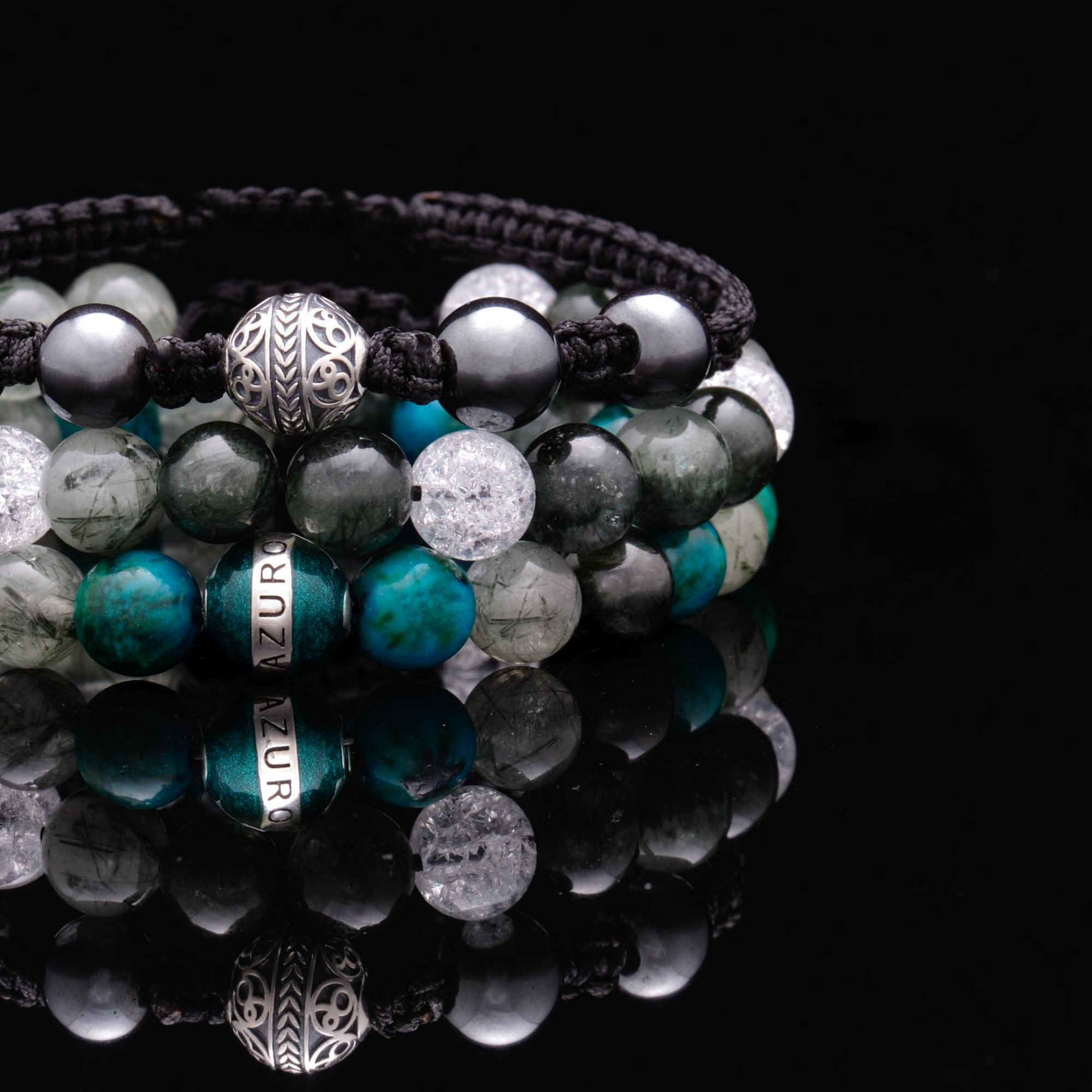 The obsidian stone takes on an updated silhouette as a knot bracelet in the compass beaded stack bracelets. The mens string bracelet maximizes endurance and positivity through the hematite stone and obsidian stone. The delicate rutilated quartz is combined with white beads and the obsidian stone as a black bead bracelet, and the unique quartz stone is a talisman that signifies renewed strength.