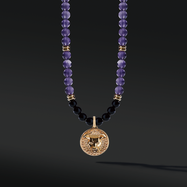 Gold Amethyst Beaded Necklace has a purple clarity and brings calmness. The attached gold connector and gold pendants give a luxurious presentation. Mens' gold pendant with a beaded necklace is a classic and unique style to carry.