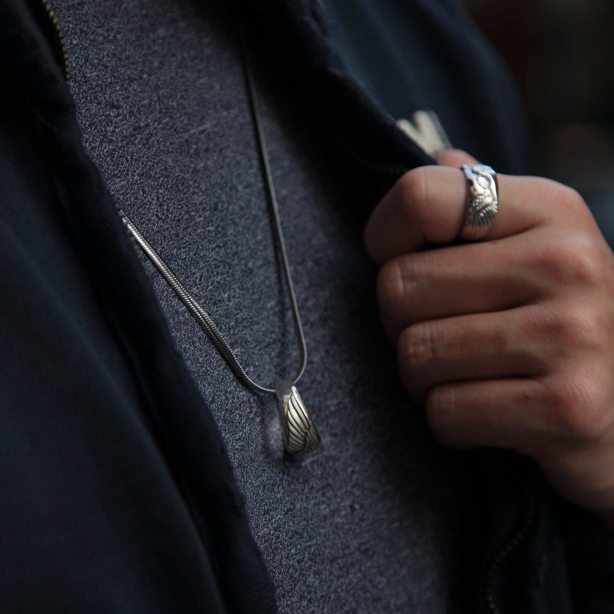 Angel Wing Ring is an iconic ring collection in Azuro Republic. Handcrafted over 70 hours on solid silver creates a one-of-a-kind men's Wing Ring. Angel Wing Ring can mix with our classic snake chain into an Angel Wing Necklace. If you are looking for a handcrafted Angel Wing Ring of top quality, you should not miss Azuro Republic men's Ring & Necklace collection.