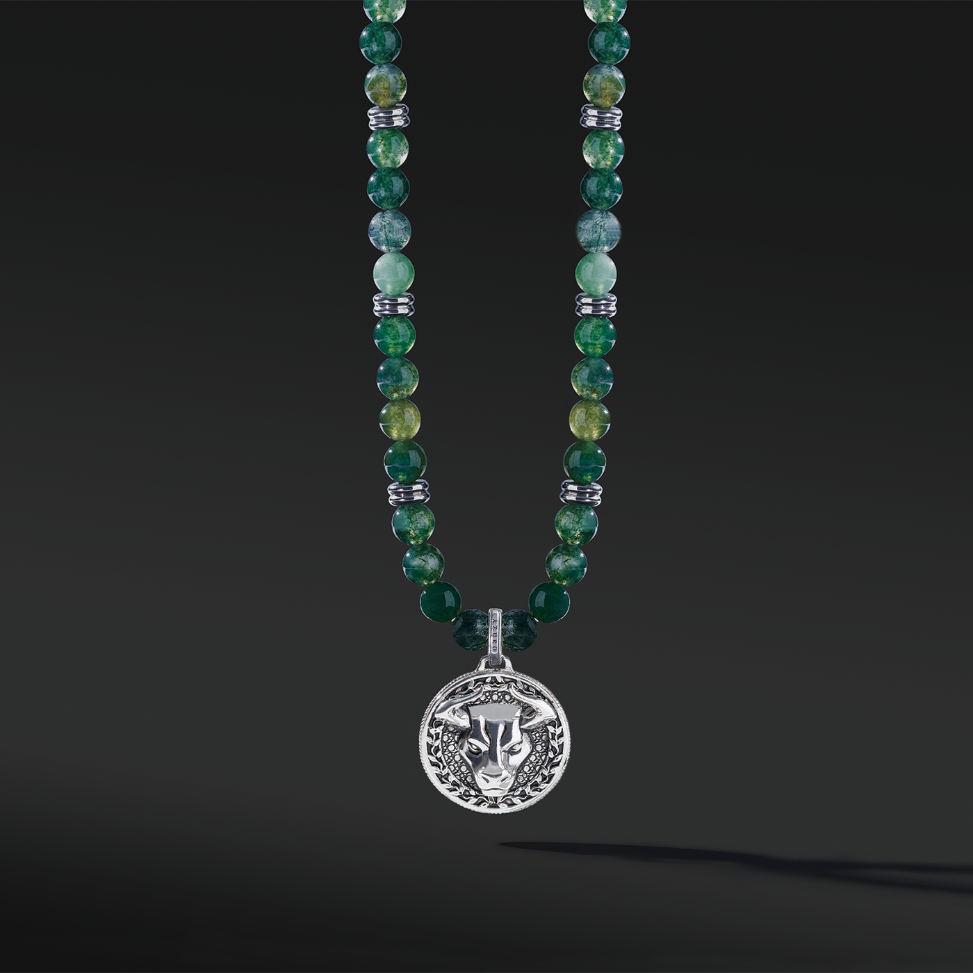 Know as the Green Moss Agate. One of the rarest agate crystals. Put 3 different tonalities of green Agate showcasing the richness of its presentation. Silver pendant necklace for men in green Agate has a gentle, sophisticated touch, and green Agate necklace releases stress and anxiety.