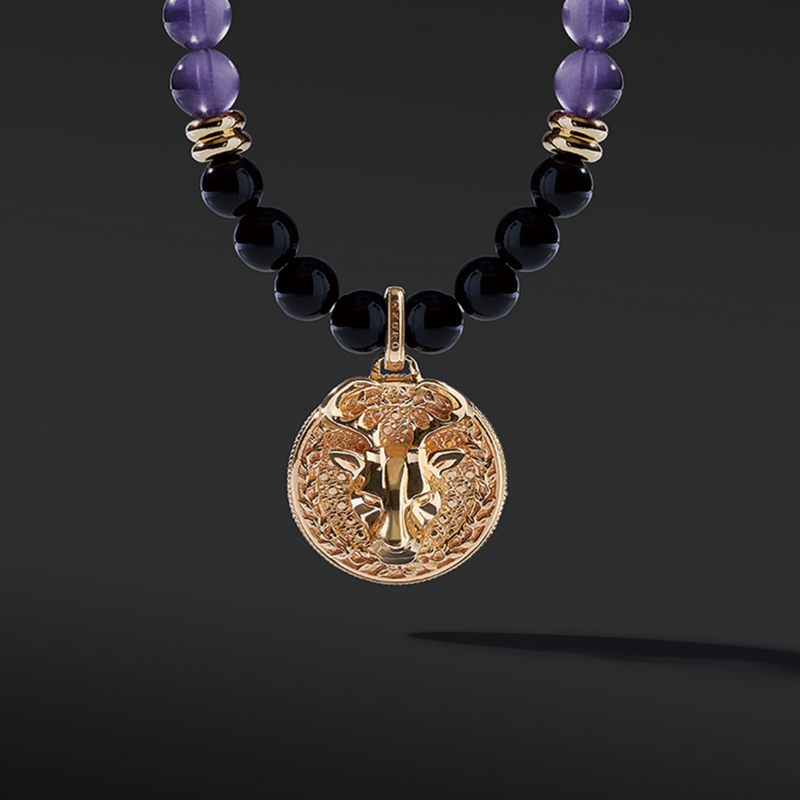 Gold Amethyst Beaded Necklace has a purple clarity and brings calmness. The attached gold connector and gold pendants give a luxurious presentation. Mens' gold pendant with a beaded necklace is a classic and unique style to carry. 