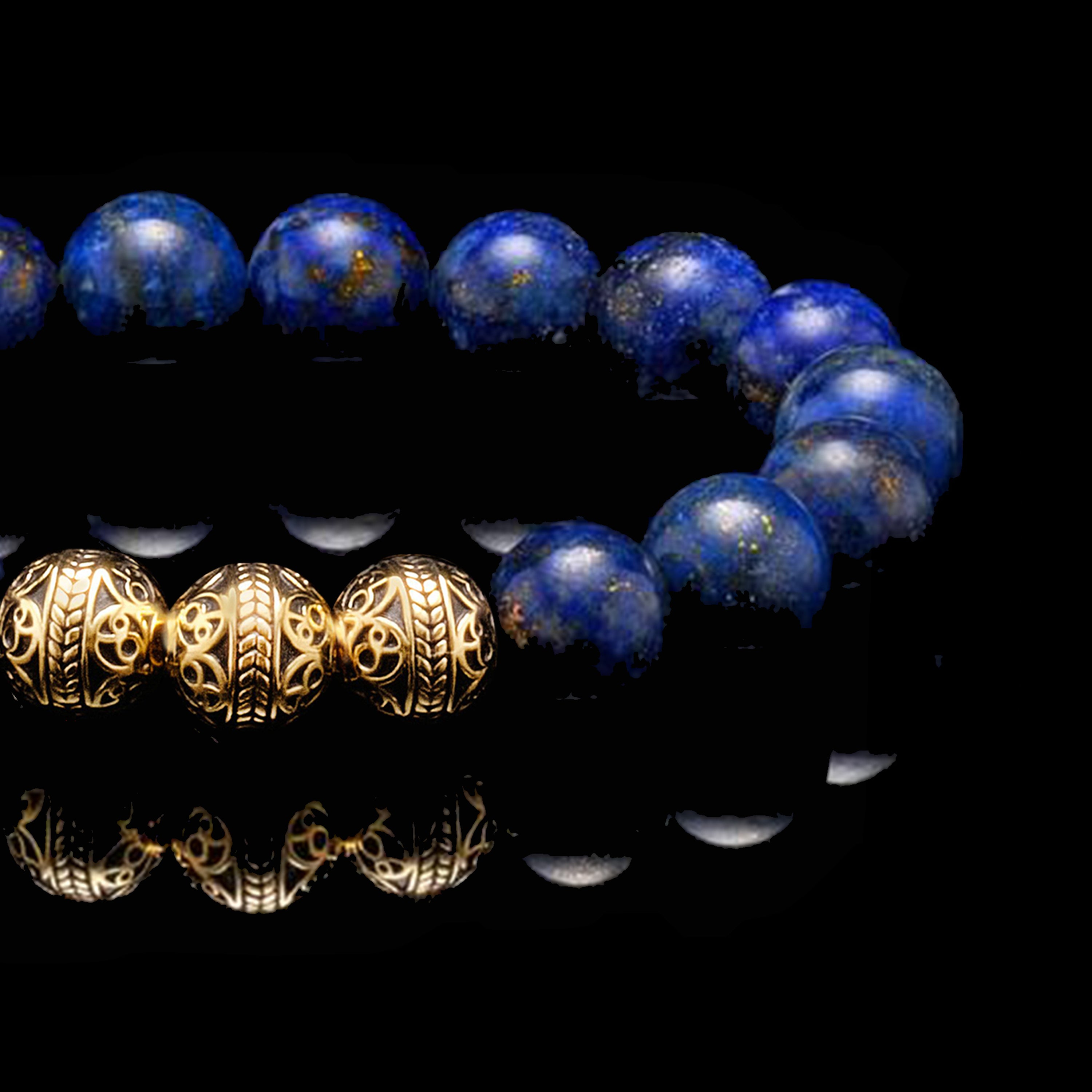 With its dotted stars of pyrite in blue, the Gold classic Lapis Lazuli Bracelet is not just a blue stone bracelet in appearance, but a must-have bracelet for men. Made with Lapis Lazuli Stone with an elegant touch of gold beads, this men's beaded bracelet is definitely a self-expression statement