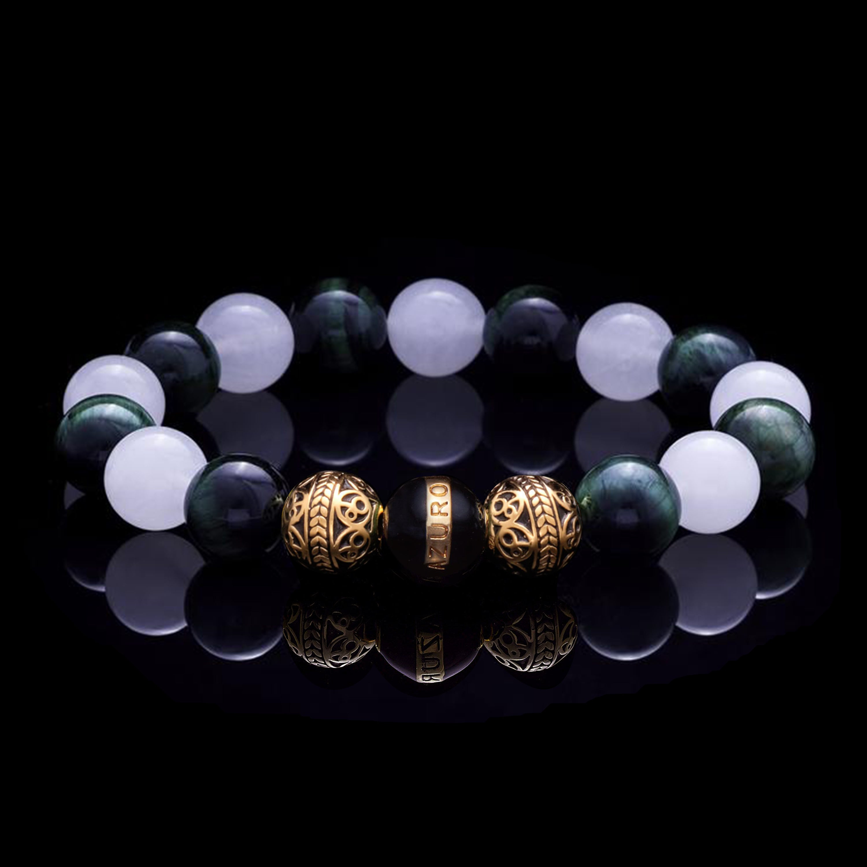 This collection is inspired by Kratos, the god of war. The hero who lead Sparta and defeated wrongful gods. Kratos was brave and never afraid, and we wanted to showcase everything he represents in one men's beaded bracelet, and we brought it to you, to become your best version. Infused in gold, we utilized two different gemstones to bring this men's beaded bracelet to life.