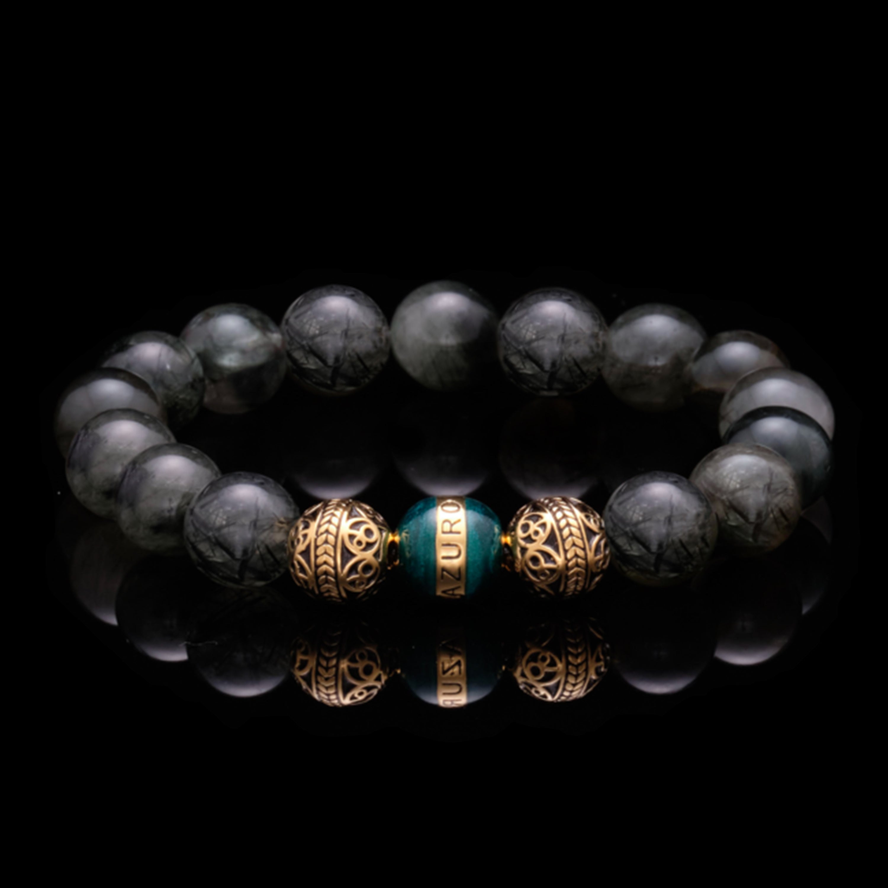The Gold Enamel Turquoise Gaia bracelet is consisted of Black Rutilated Quartz and 3 Microns 24k Gold Plated Beads, which can assist you to have a calm and collected mind, making you to see things clearer and solve the trials and tribulations in life with ease. With the Greek goddess Gaia symbolizing existence and balance, this bracelet for men helps bring harmony to life.
