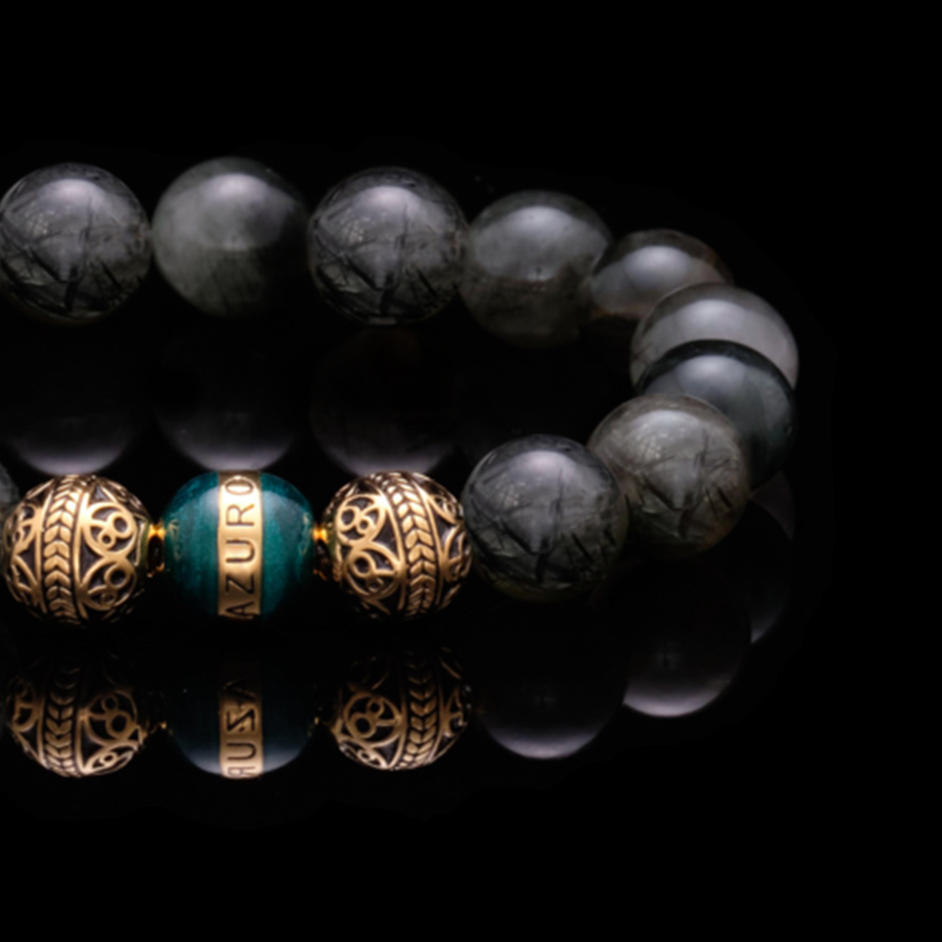 The Gold Enamel Turquoise Gaia bracelet is consisted of Black Rutilated Quartz and 3 Microns 24k Gold Plated Beads, which can assist you to have a calm and collected mind, making you to see things clearer and solve the trials and tribulations in life with ease. With the Greek goddess Gaia symbolizing existence and balance, this bracelet for men helps bring harmony to life.
