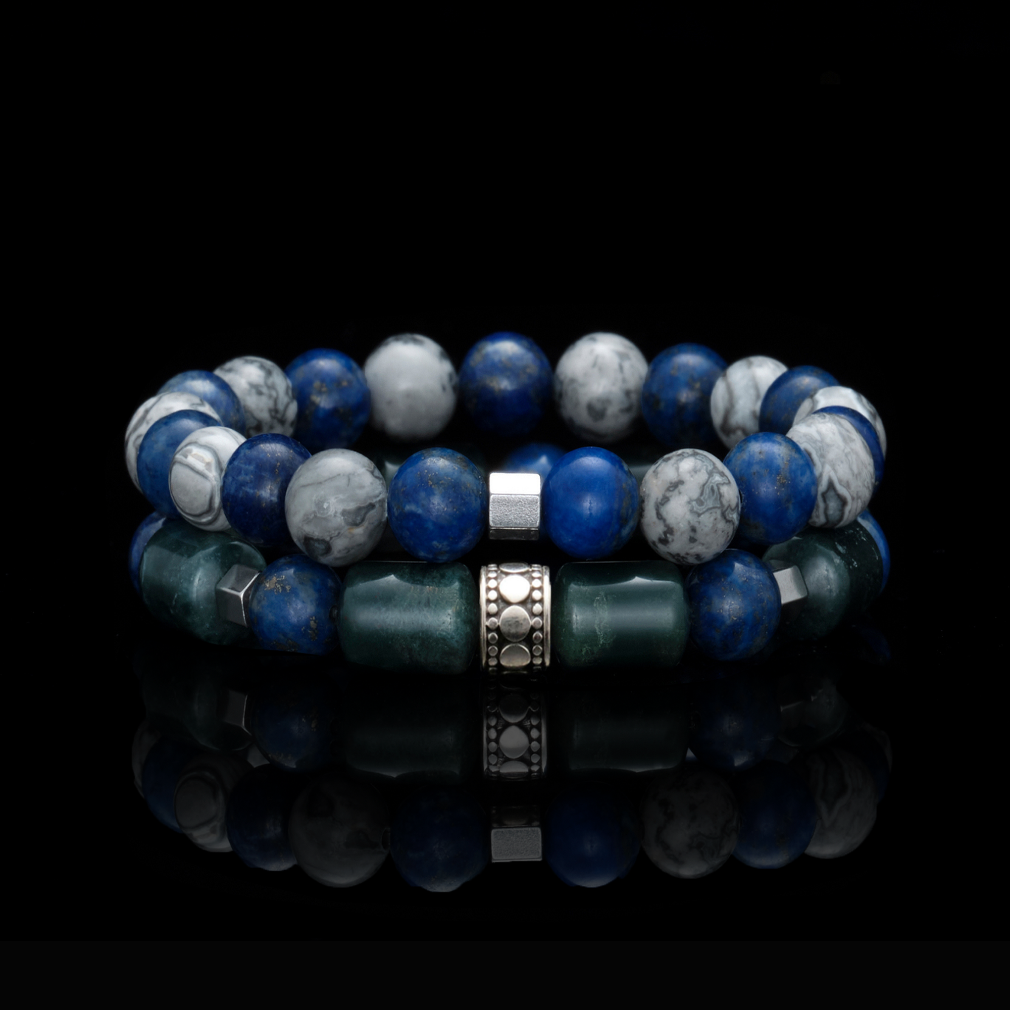 The Green Bean Casserole, including the Lapis Lazuli bracelet, Picasso Jasper and India Agate. Agate will act as a stabilizing force and the source of supportive energy for you. The unique contour of the Lapis Lazuli will bring waves of calmness, while the combination of the Picasso Jasper will strengthen spiritual absorption and balance out negativities.