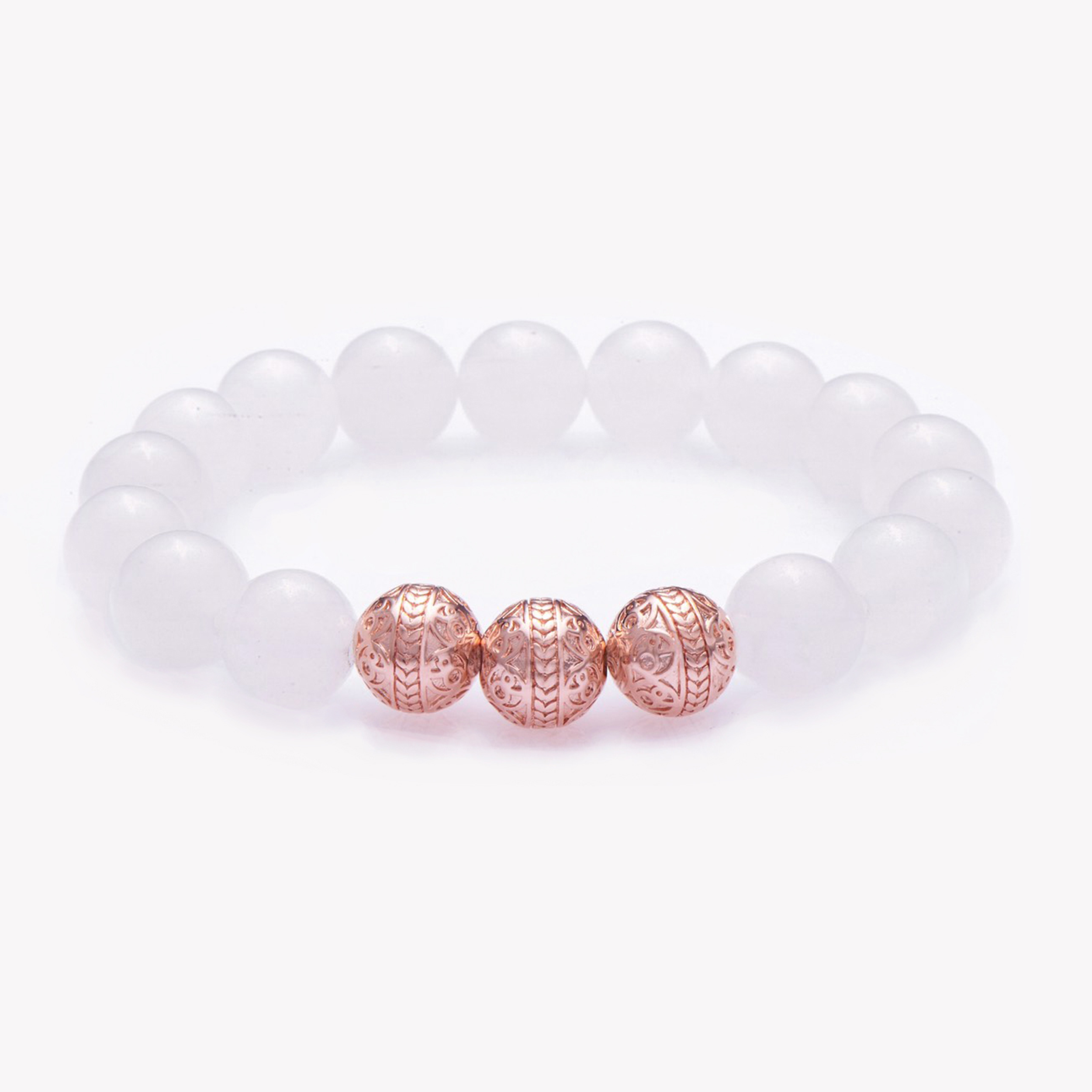 The White jade bracelet in combination with classic rose gold beads, promotes tranquility and radiates a peaceful glow. White Jade is made up of stunning nephrite jade stones with a translucent gleam. Representing unselfishness and hope, the White Jade bracelet inspires those in leadership roles to wear a white jade bracelet as they are the most trustworthy among a group, and can use the properties of bringing harmony and improving the cooperation in the workplace.