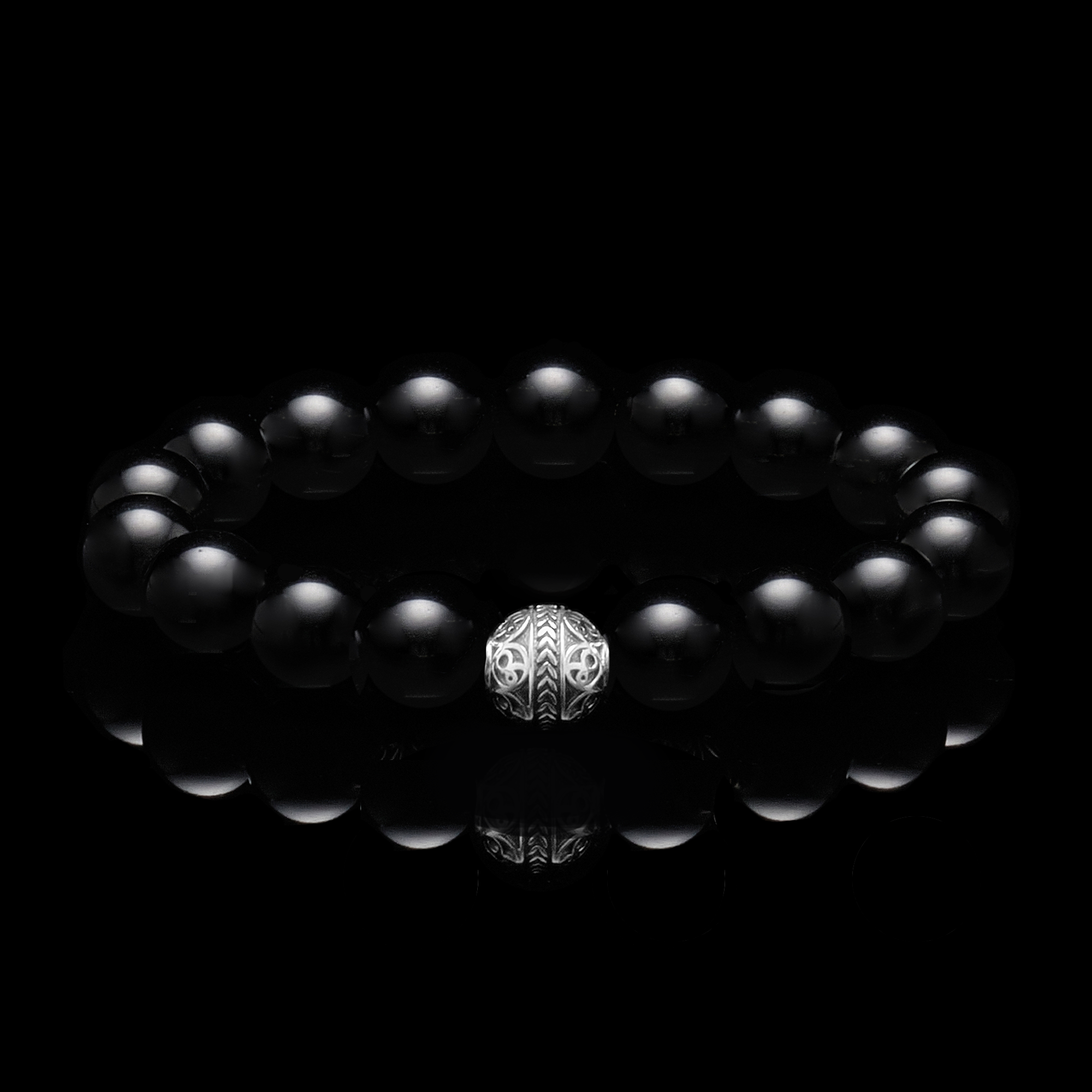 A single silver bead bracelet mixed with black obsidian gems represents the guardian spirit of Odin. Obsidian gems have composition similar to rhyolites and granites, and are composed of dark-colored natural volcanic glass, where some native Americans call these stones “The Apache’s Tears”.