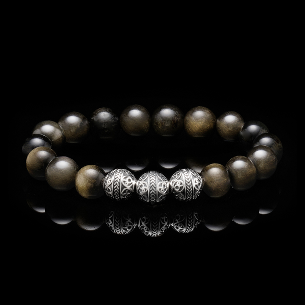 Gold Black Obsidian stone combine with Premium 925 Sterling Silver beads make up the silver beaded bracelet for men that leads the gentlemen toward the path of braveness and truthfulness.