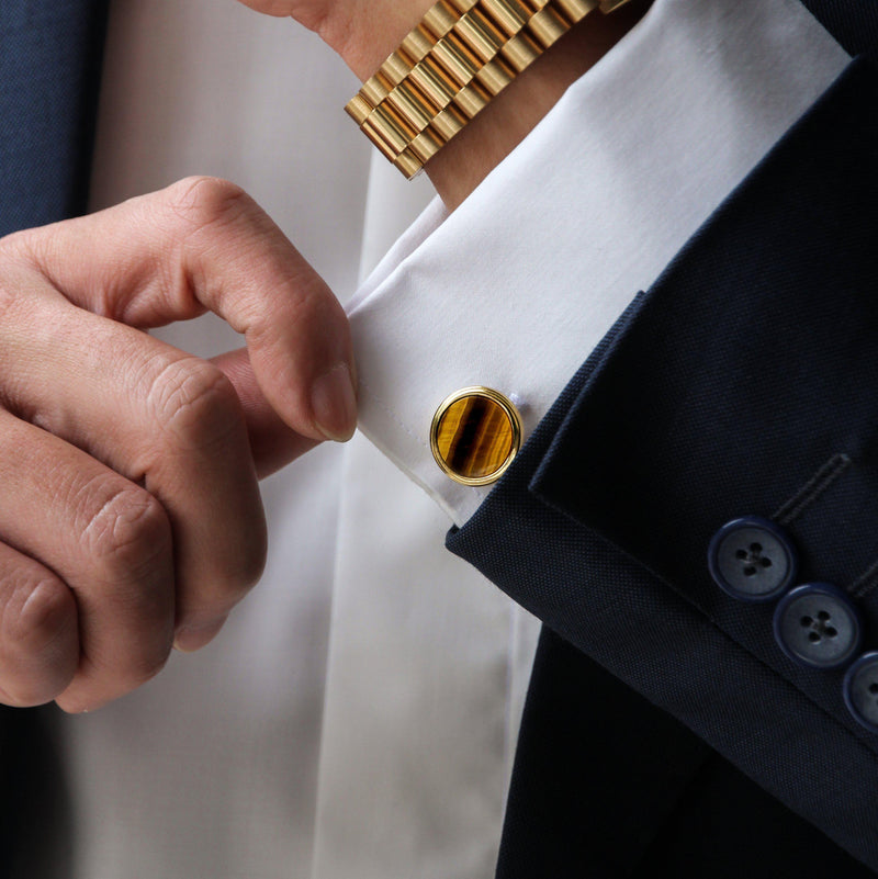 mens gold cuflfink designed by Azuro Republic, select suit cufflinks for men with tiger eye stone men accessories