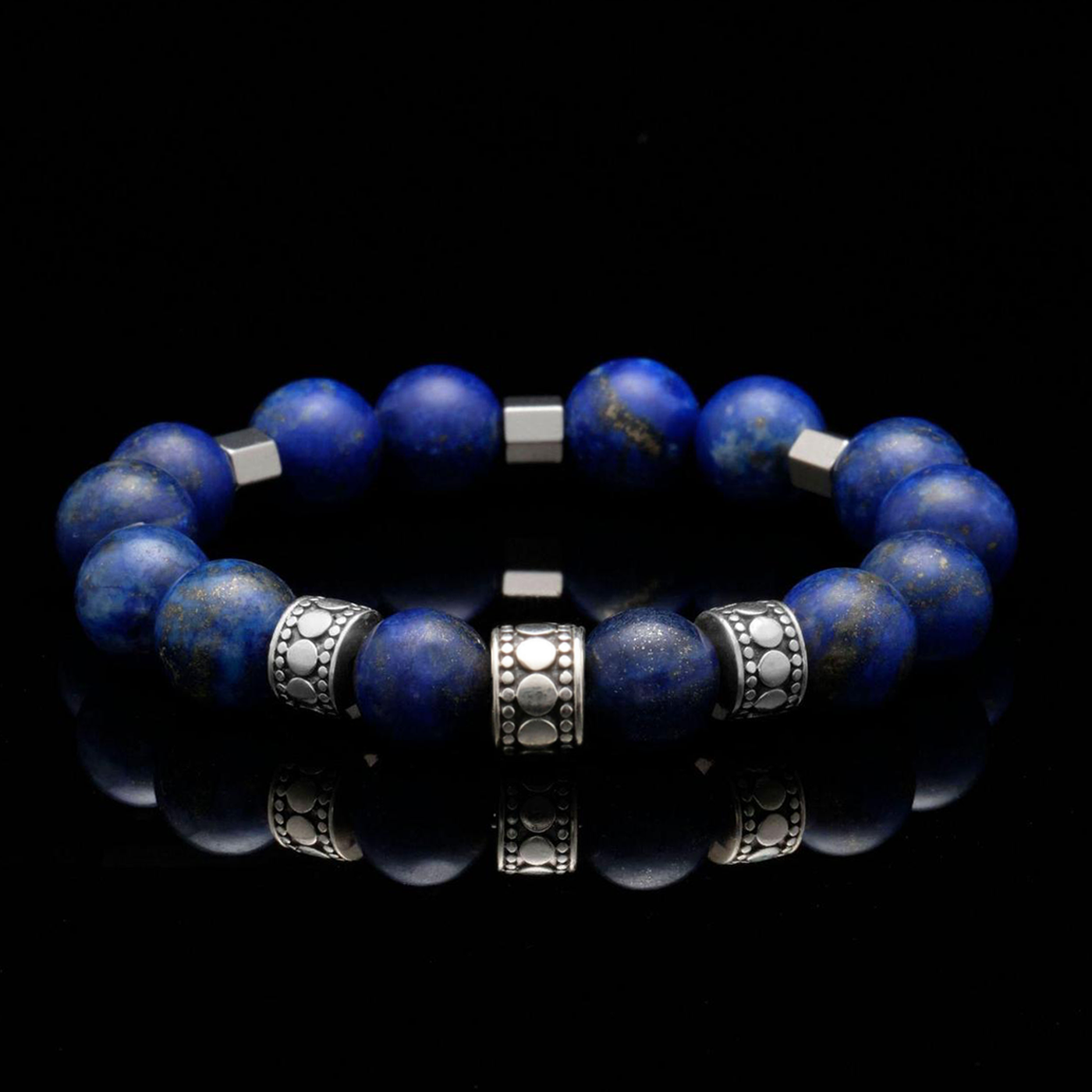 The Throat Chakra bracelet is one of the 7 Chakra bracelets. Combined with Lapis Lazuli jewelry, this mens silver bracelet is the ultimate confidence booster and connector. Wearing a chakra bracelet has many benefits. The mens silver bracelets with lapis lazuli jewelry will create a connection to spirituality and objectivity through the chakra stones.