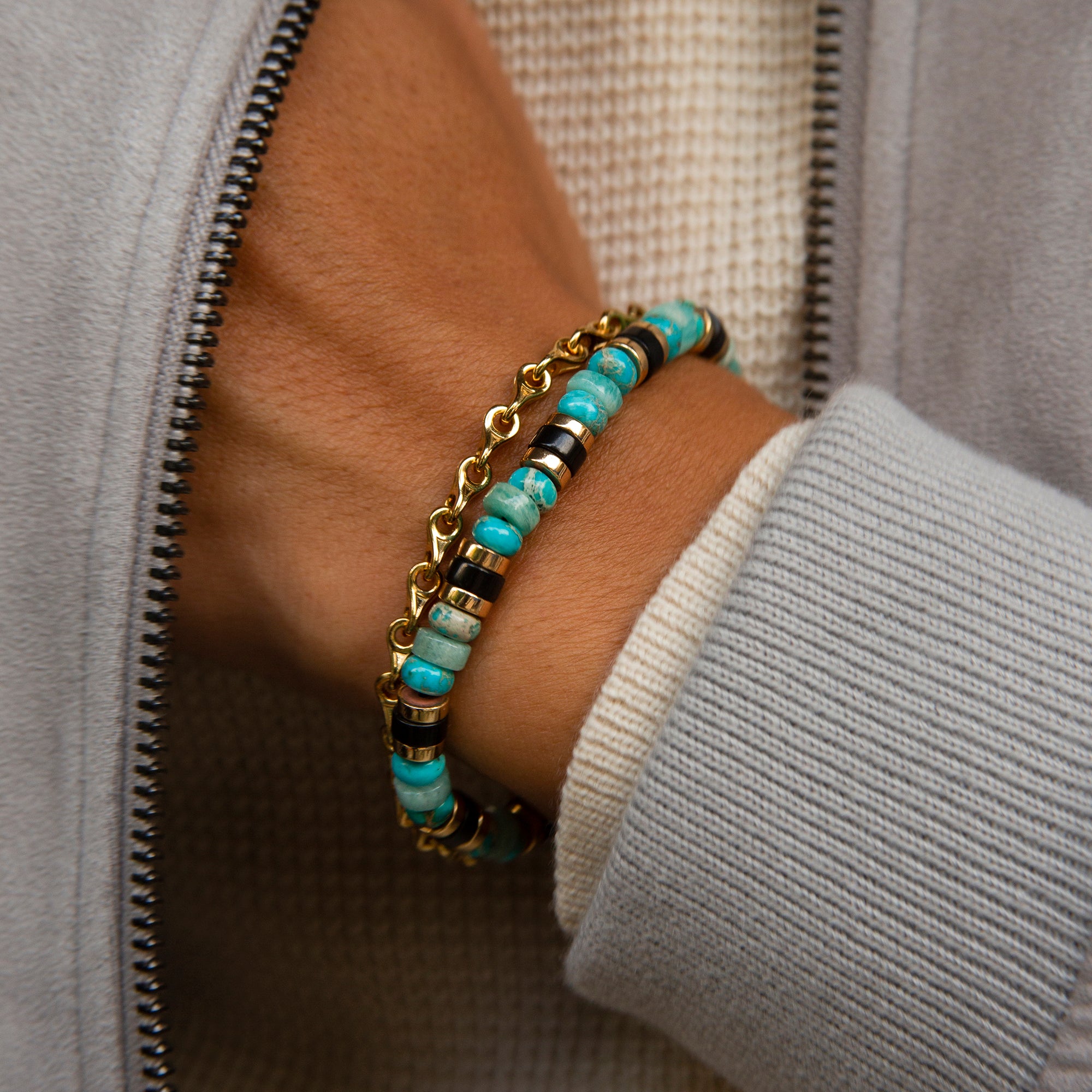 Mens Beach Bracelet with Palm Wood Beads and Turquoise Color