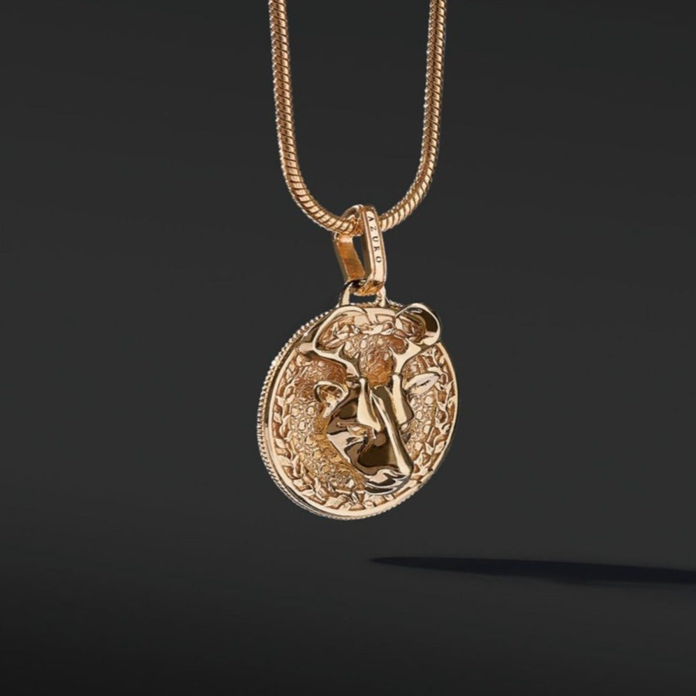 The gold deer pendant necklace for men is a unique existing. The idea of the creation originated from Milwaukee, Wisconsin. A masculine figure in the wild forest takes a confident man to master this gold deer pendant. A men's gold pendant is more than a piece of jewelry but a statement of what you have achieved.