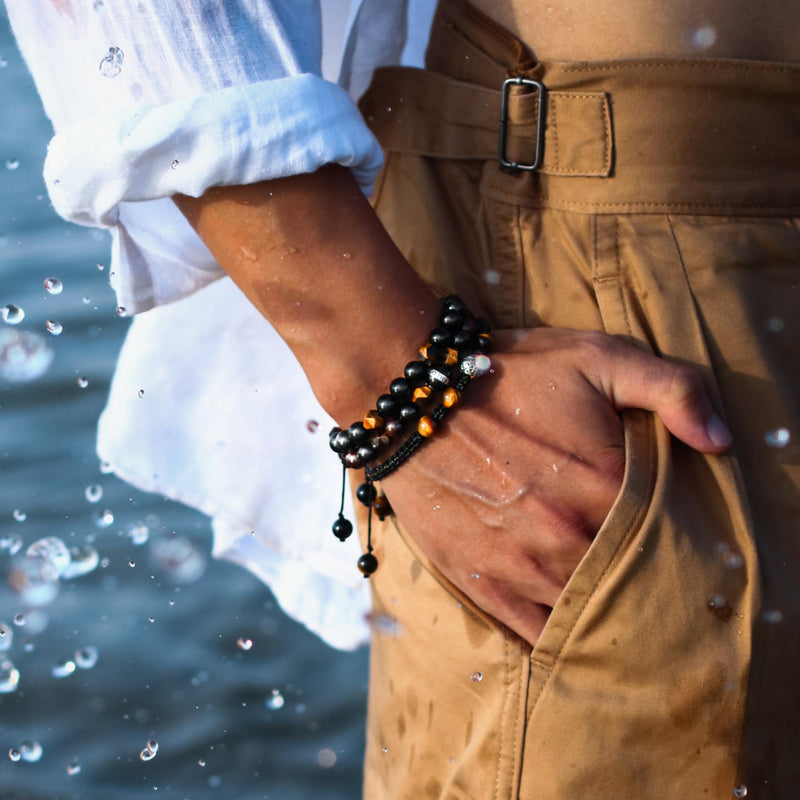 The Gatsby | Men Stack Beaded Bracelets | Men String Beaded Bracelet with Tiger Eye Obsidian Garnet Stone 17 cm / 6.7 Inches