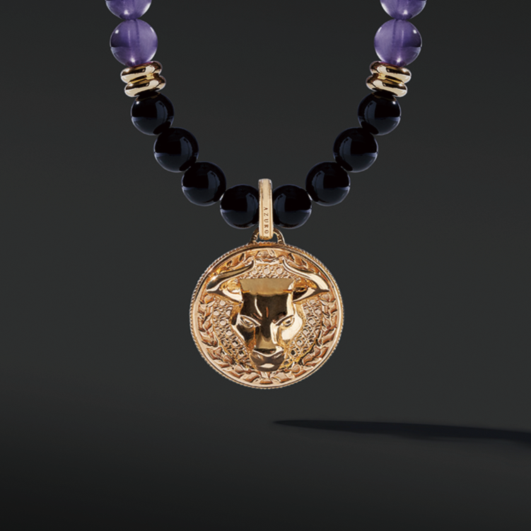 Gold Amethyst Beaded Necklace has a purple clarity and brings calmness. The attached gold connector and gold pendants give a luxurious presentation. Mens' gold pendant with a beaded necklace is a classic and unique style to carry.