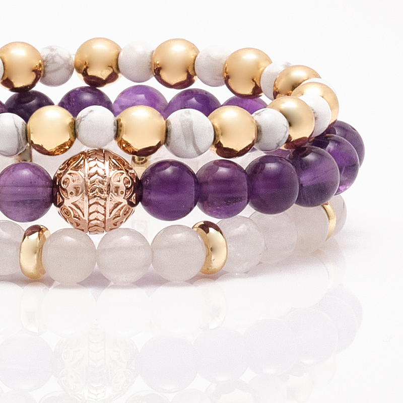 Amethyst Rose Gold Bracelet with Howlite and White Jade