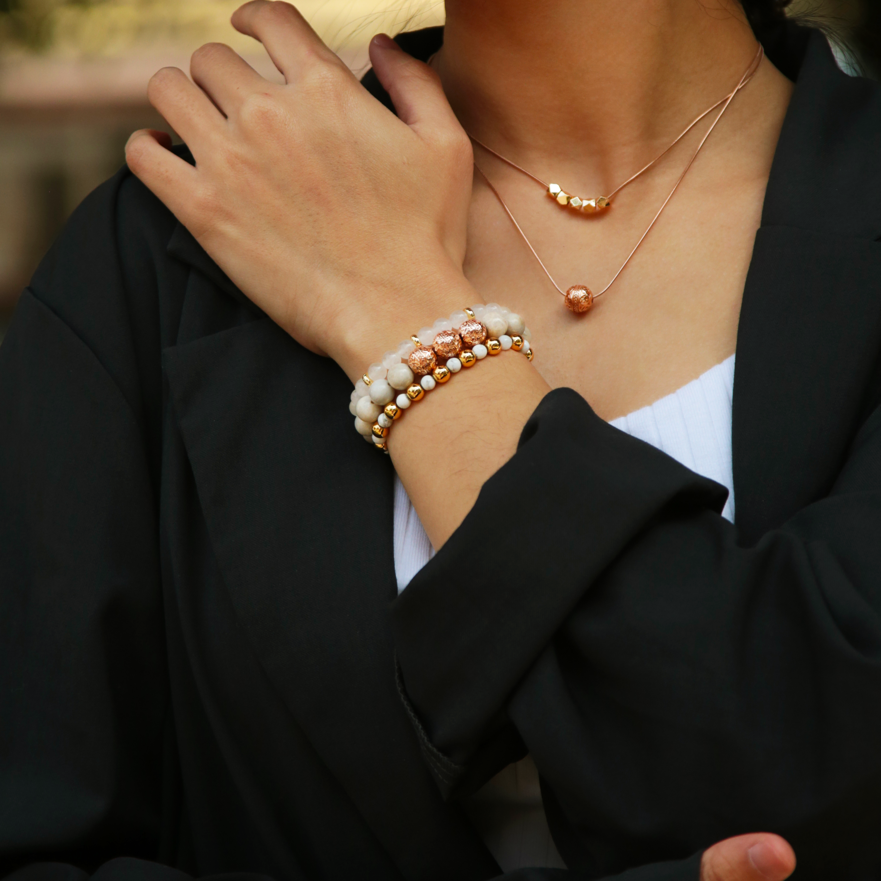 Amethyst Rose Gold Bracelet with Howlite and White Jade