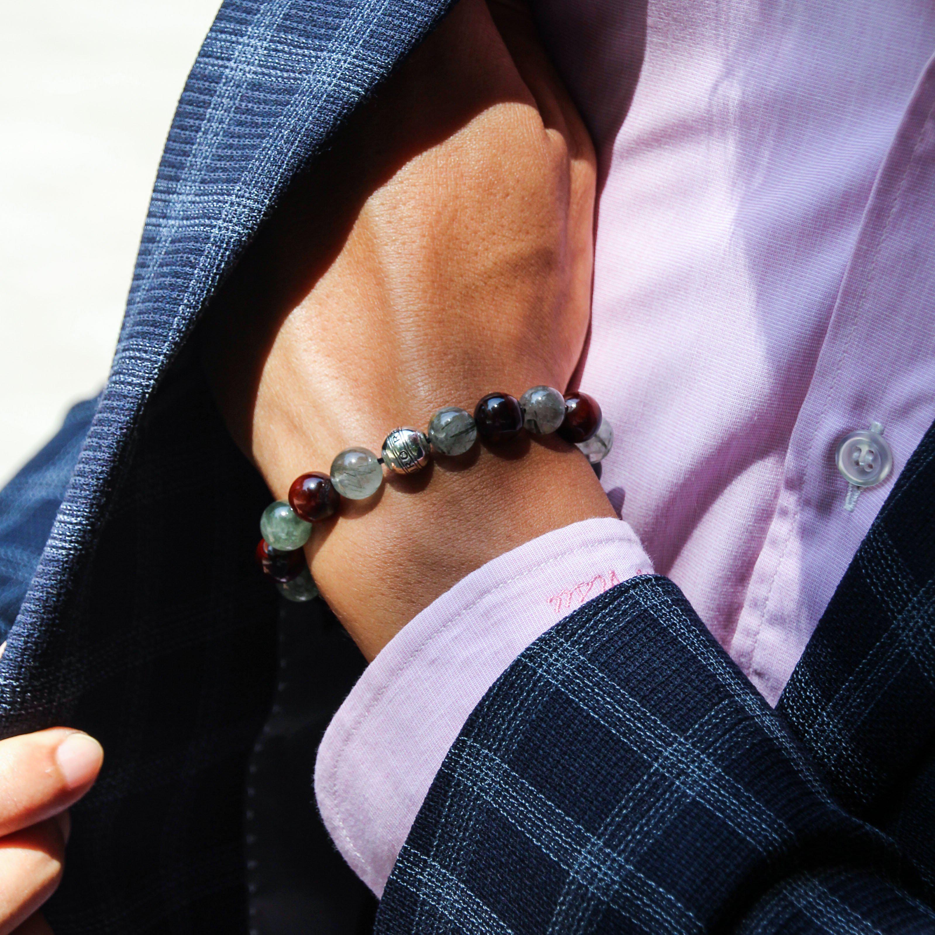 [Pre-Order] The Guardian | Silver Enamel Black Black Rutilated Quartz Stone Tiger Eye Beaded Bracelet - Azuro Republic