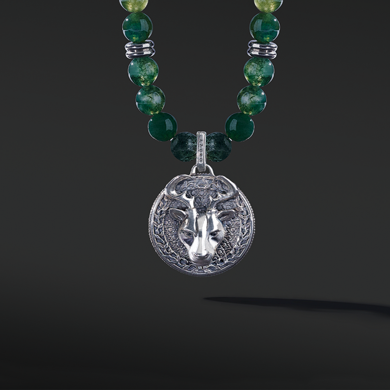 Know as the Green Moss Agate. One of the rarest agate crystals. Put 3 different tonalities of green Agate showcasing the richness of its presentation. Silver pendant necklace for men in green Agate has a gentle, sophisticated touch, and green Agate necklace releases stress and anxiety. 