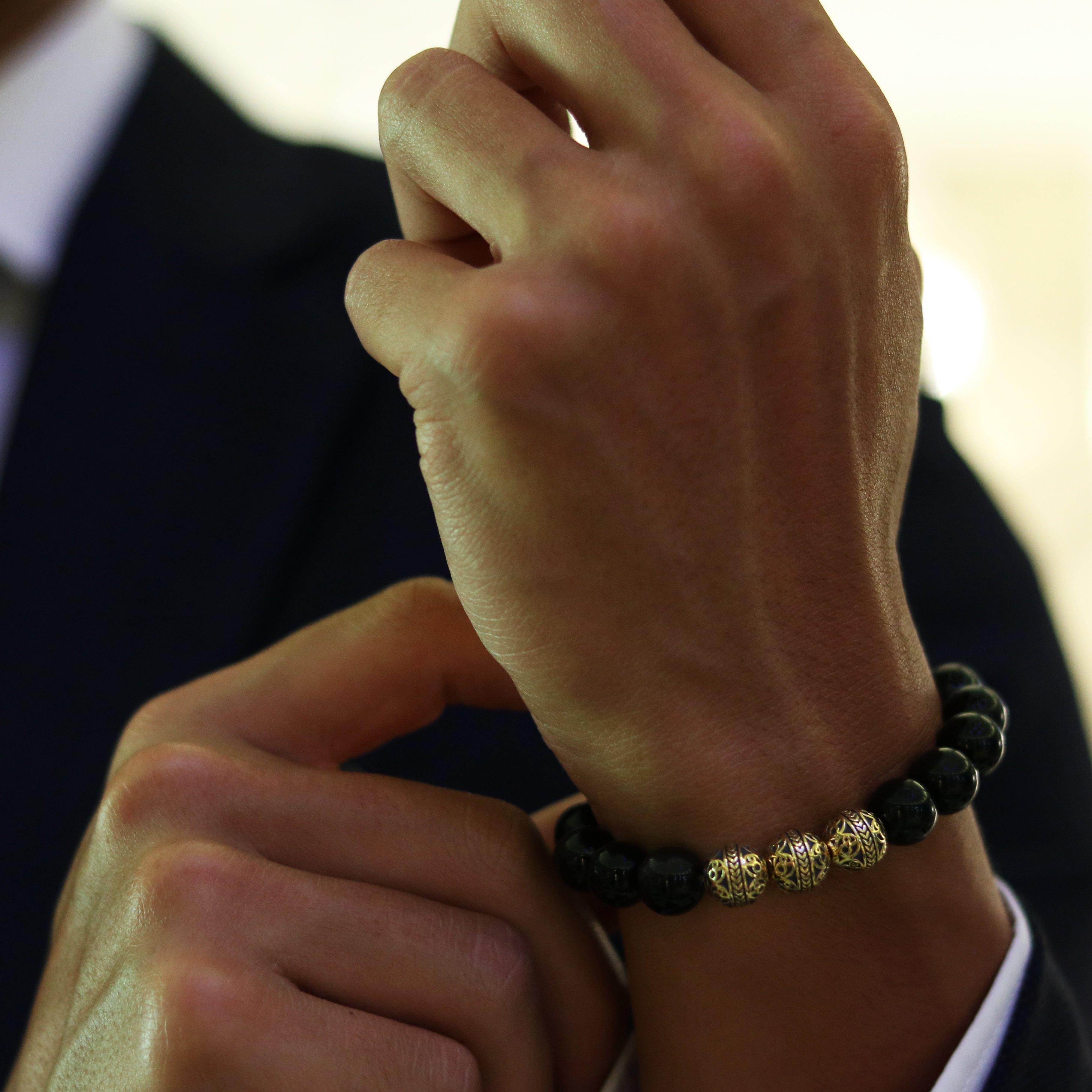 Movado | Movado Men's Black Onyx Beaded Bracelet With Gold Signature Bead