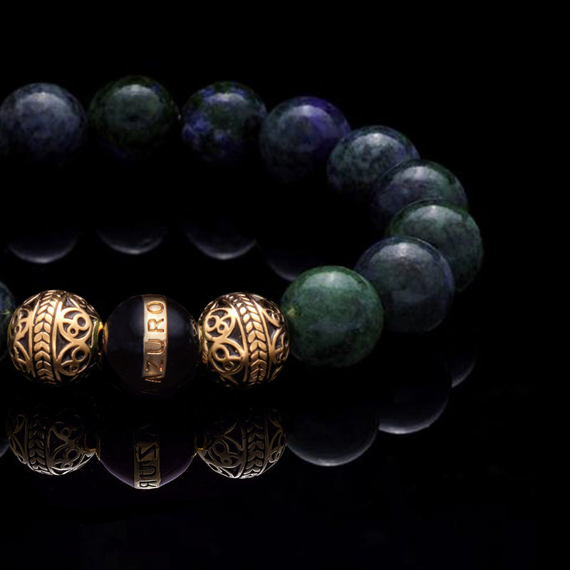 With its deep pigment, the energy of black azurite closely resonates with the chakra. The black azurite stone is considered a spiritual symbol of connectivity that balances the intellectual reasoning of the mind with the compassion of the heart and the frequency of caring. Although not traditionally, it is the men's beaded bracelet to have for those born under Capricorn and Taurus