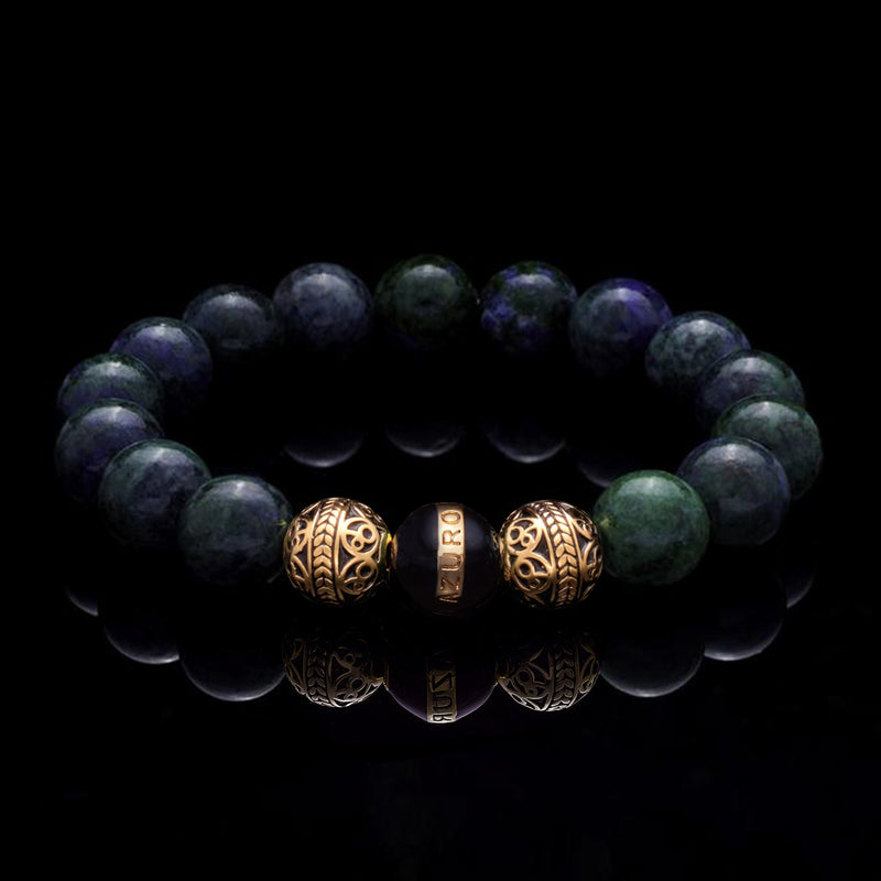 With its deep pigment, the energy of black azurite closely resonates with the chakra. The black azurite stone is considered a spiritual symbol of connectivity that balances the intellectual reasoning of the mind with the compassion of the heart and the frequency of caring. Although not traditionally, it is the men's beaded bracelet to have for those born under Capricorn and Taurus