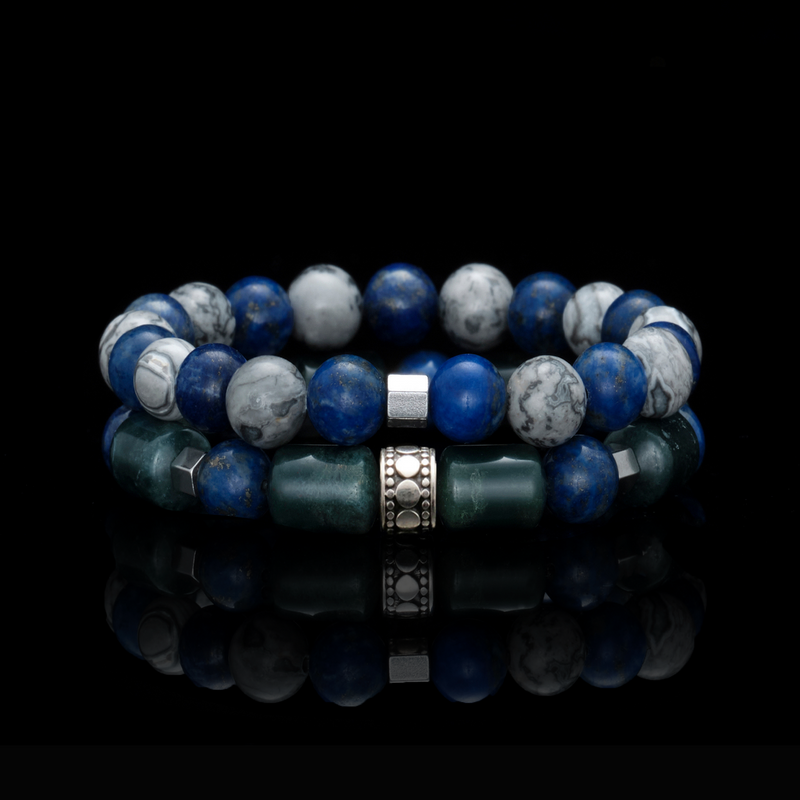 The Green Bean Casserole, including the Lapis Lazuli bracelet, Picasso Jasper and India Agate. Agate will act as a stabilizing force and the source of supportive energy for you. The unique contour of the Lapis Lazuli will bring waves of calmness, while the combination of the Picasso Jasper will strengthen spiritual absorption and balance out negativities. 