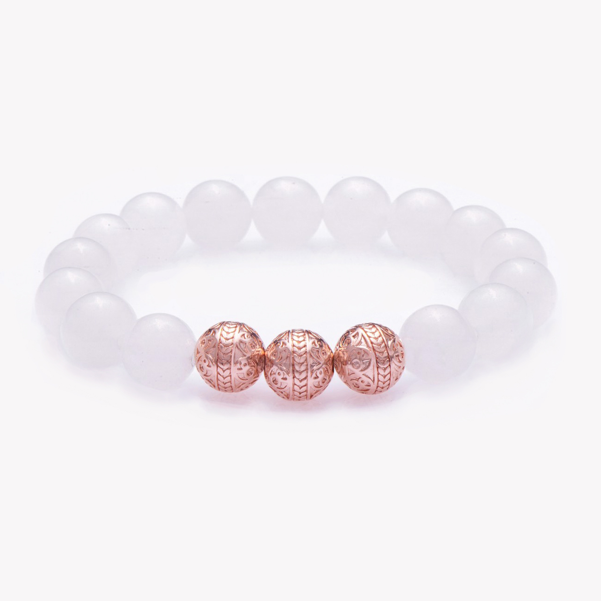 The White jade bracelet in combination with classic rose gold beads, promotes tranquility and radiates a peaceful glow. White Jade is made up of stunning nephrite jade stones with a translucent gleam. Representing unselfishness and hope, the White Jade bracelet inspires those in leadership roles to wear a white jade bracelet as they are the most trustworthy among a group, and can use the properties of bringing harmony and improving the cooperation in the workplace. 