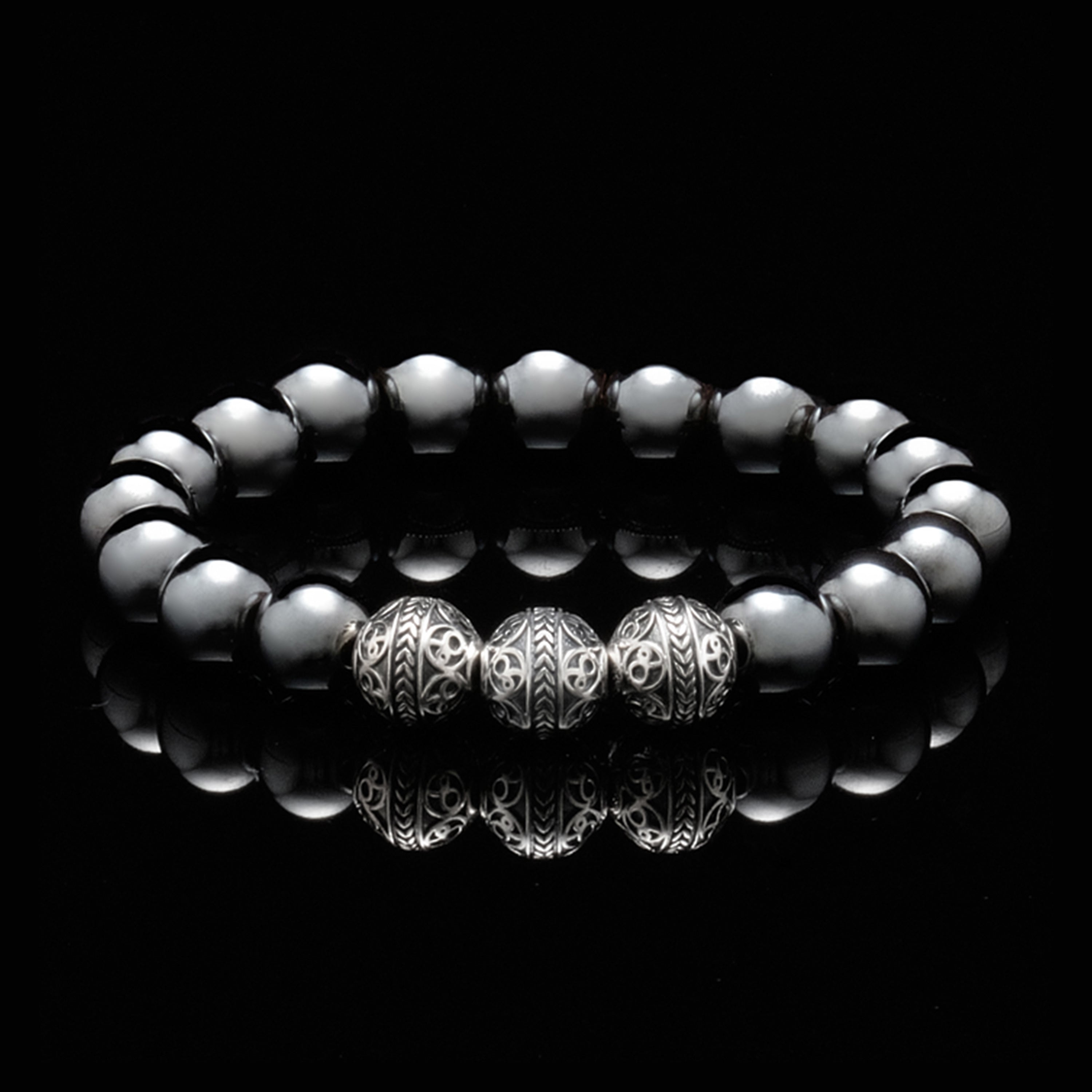 Oluwakorede - 6mm - Hematite Beaded Stretchy Bracelet with Gun Metal Black Lion & Silver Plated Hematite Beads