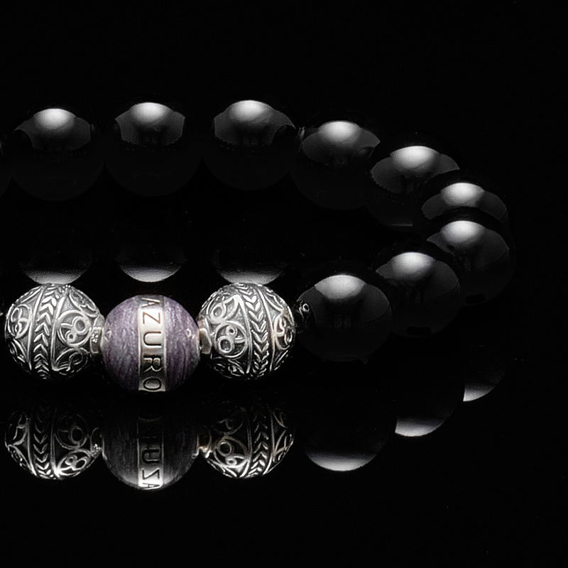 Engraved Obsidian Bracelet - Custom Beaded Bracelets - Sterling Silver