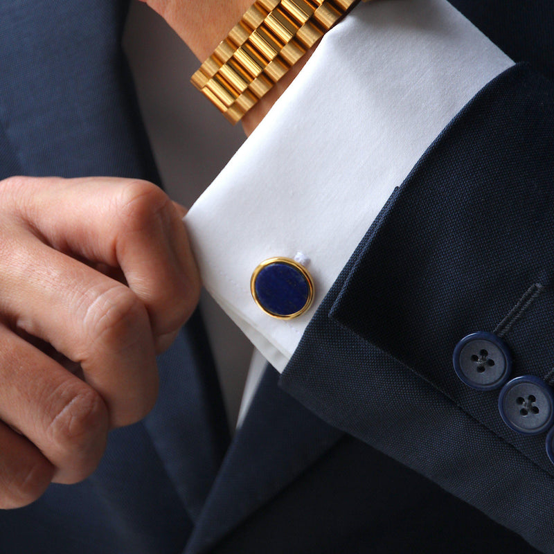 mens gold cuflfink designed by Azuro Republic, select suit cufflinks for men with lapis lazuli stone men accessories