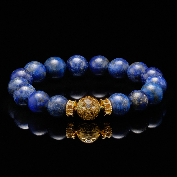 Lapis Lazuli Mens Birthstone Bracelet, December Birthstone Jewelry, Blue Sagittarius 6mm Gemstone Beaded Black Onyx Birthday Gift 6.5 / 14K Rose Gold