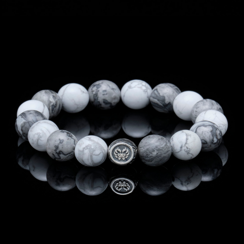The Vault Hunter is our best-kept secret with a unique combination of howlite, picasso jasper, and dragrose gemstones. The howlite stone will initiate waves of tranquility to calm anxiousness, while the picasso jasper will lead towards desired goals. 