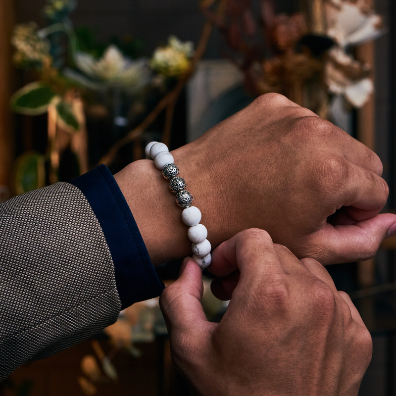 azuro republic men accessories: mens white howlite beaded bracelet healing gemstone jewelry sterling silver bracelet gift for men