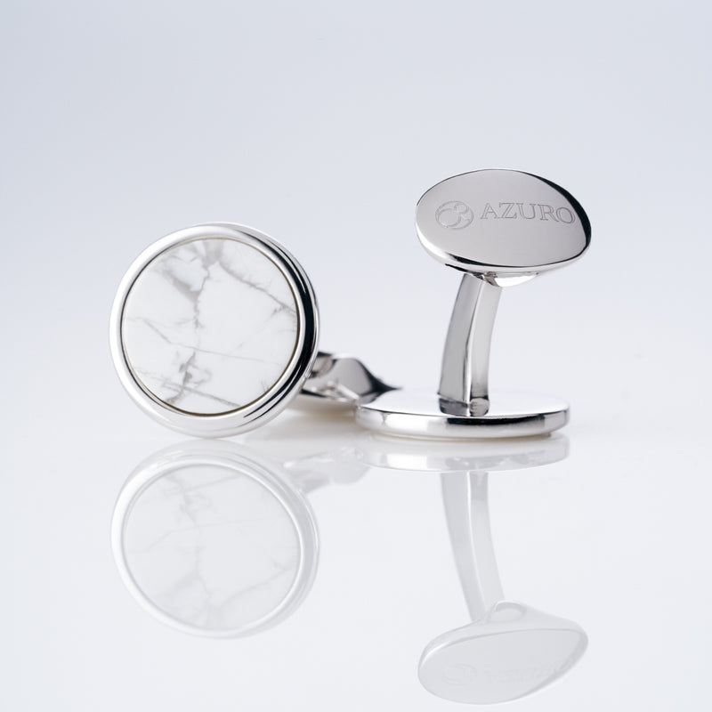 mens sterling silver cufflink designed by Azuro Republic, select suit cufflinks for men with white howlite stone cufflink men accessories